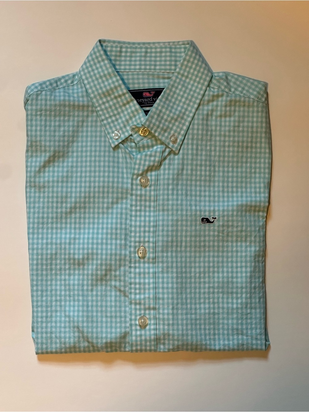 Vineyard Vines Mint Gingham Button-Down Shirt with Whale Logo